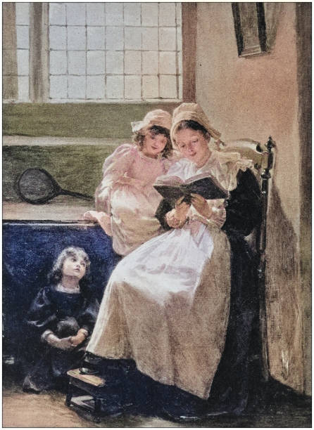Antique dotprinted photo of paintings: Mother reading