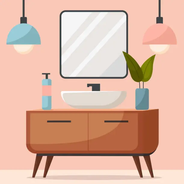 Vector illustration of Minimalistic modern Bathroom interior design with furniture, sink, lamp and house plants. Vector