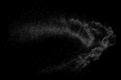 White grainy texture. Abstract dust overlay. Grain noise. White explosion on black background. Splash realistic effect. Vector illustration.