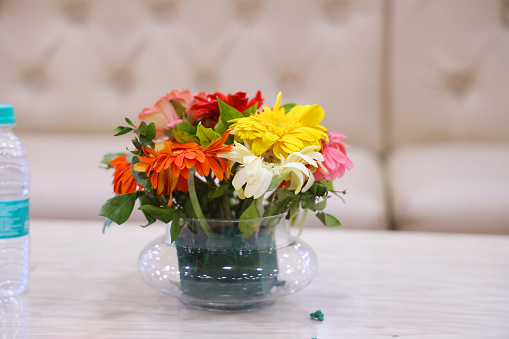 Closeup of decorative flower pot at table