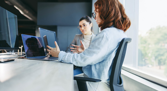 Female colleagues actively collaborate in a modern office, engaging in discussions, coding and programming. Skilled women creating innovative software solutions in a workplace that showcases teamwork and cutting-edge technology.