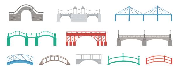 istock Different flat bridges. Isolated bridge icons, different metal bridgeworks. Urban landmark, transportation road element, decent vector set 1939501334