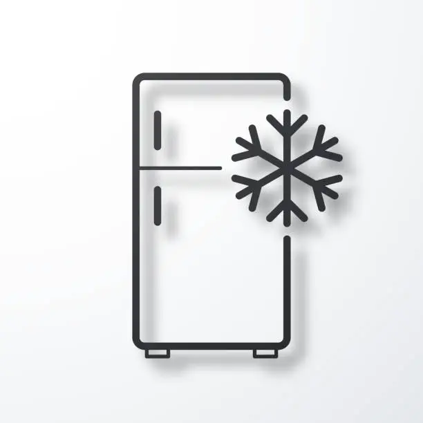 Vector illustration of Fridge with snowflake. Line icon with shadow on white background