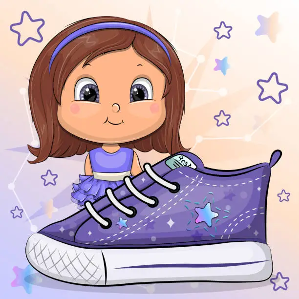 Vector illustration of A cute cartoon girl with a sneaker.