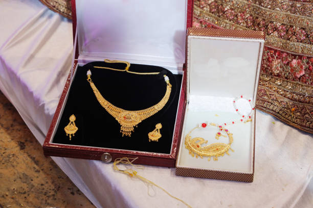 istock Closeup of real gold jewelry at wedding function 1939501445