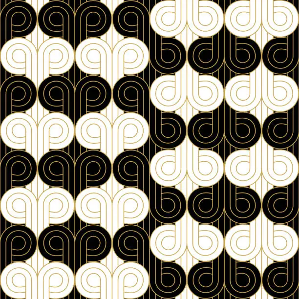 Vector illustration of Art Deco curve pattern. Gold, black and white luxury ornamental background. Interior decor design.