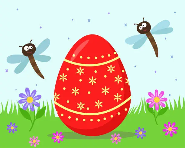 Vector illustration of Easter background with Easter egg, dragonflies, clouds, flowers and grass. Spring background. Easter holiday.
