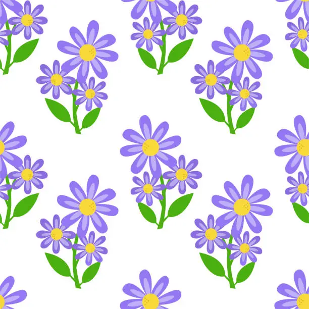 Vector illustration of Seamless floral pattern, beautiful purple flowers in cartoon style.  Cute botanical design with cute hand-drawn flowers. Vector illustration. A spring, festival illustration.