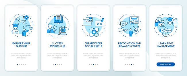 2D icons representing recommendations mobile app screen set. Walkthrough 5 steps monochromatic extracurricular activities graphic instructions with linear icons concept, UI, UX, GUI template.