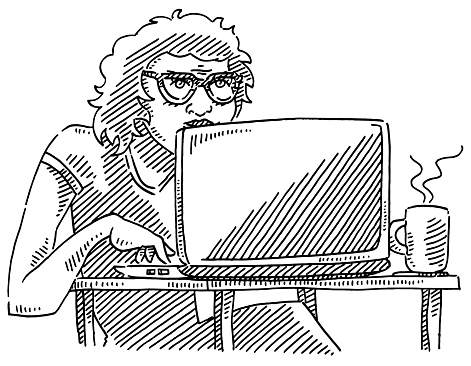 Hand-drawn vector drawing of a Student Working On Laptop Computer. Black-and-White sketch on a transparent background (.eps-file). Included files are EPS (v10) and Hi-Res JPG.