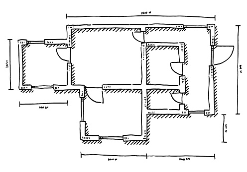 Hand-drawn vector drawing of an Apartment Floor Plan. Black-and-White sketch on a transparent background (.eps-file). Included files are EPS (v10) and Hi-Res JPG.