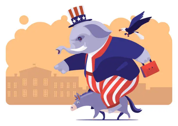Vector illustration of elephant in Uncle Sam costume guiding and riding on donkey
