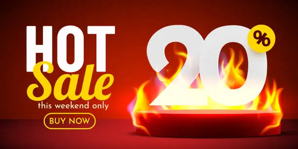 Vector illustration of 20 percent Off. Hot sale banner with burning numbers. Discount poster.