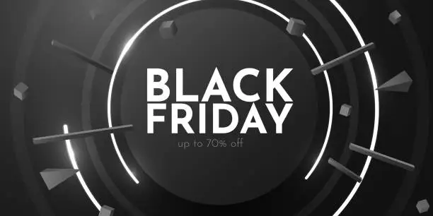 Vector illustration of Premium black friday promo banner. Black circle frame with white neon background.