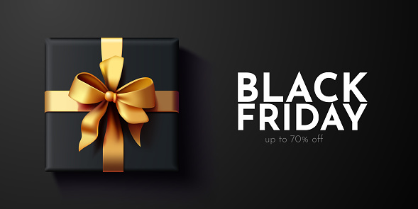 Premium black friday promo banner. Gift box with golden bow. Vector illustration