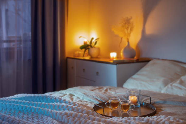 cup of tea in bedroom at night