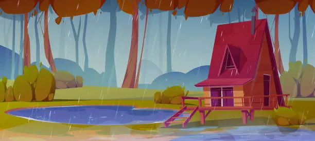 Vector illustration of Wooden stilt house in rainy autumn forest