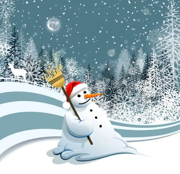 Vector illustration of snowman in hill