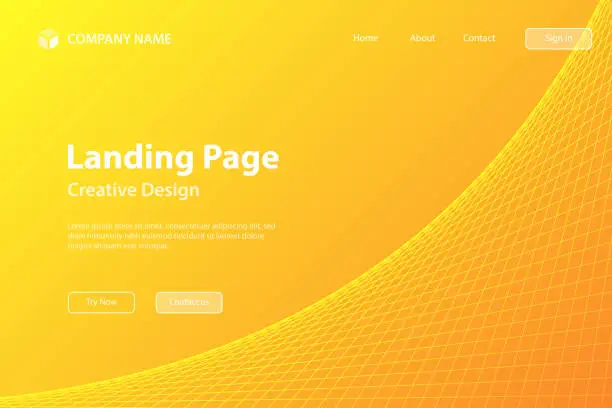 Vector illustration of Landing page Template - Orange geometric background with curved 3D grid