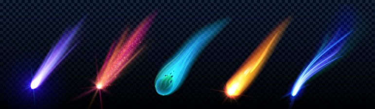 Comet or meteor trails set isolated on transparent background. Vector realistic illustration of asteroid, shooting star, missile, rocket, burning rock falling from sky at high speed, neon light tail