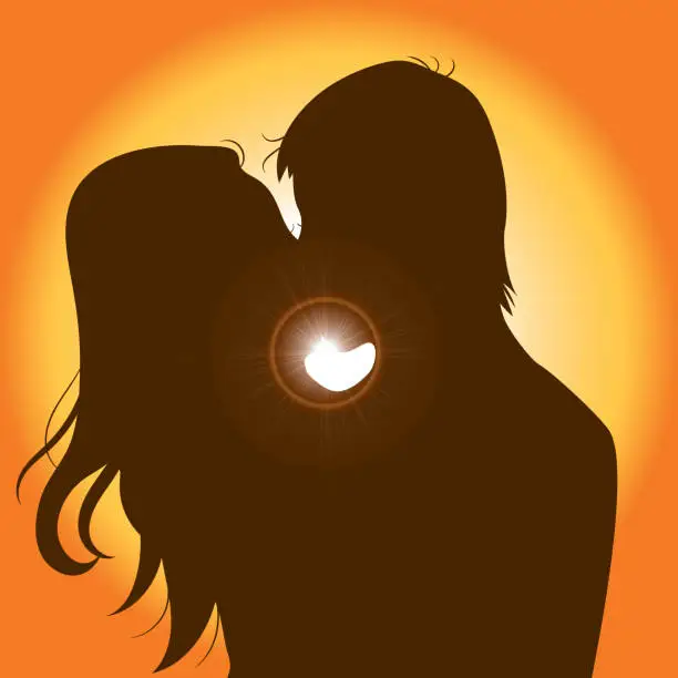 Vector illustration of Sunset Silhouette Couple Kissing