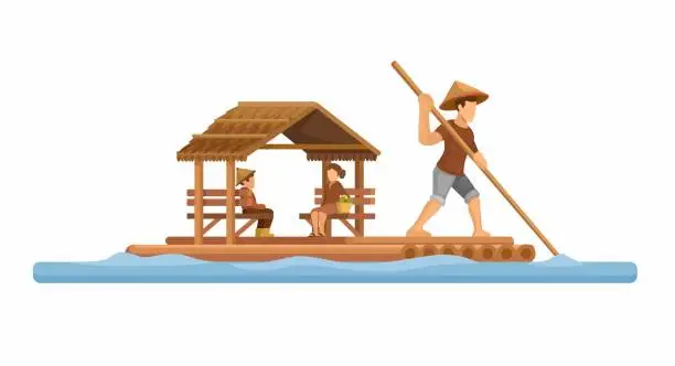 Vector illustration of Bamboo Raft Traditional Water Transportation In Villages Illustration Vector