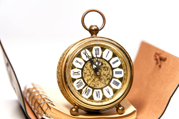 istock an old golden analog alarm clock with mechanical movement, colored background 1939547297