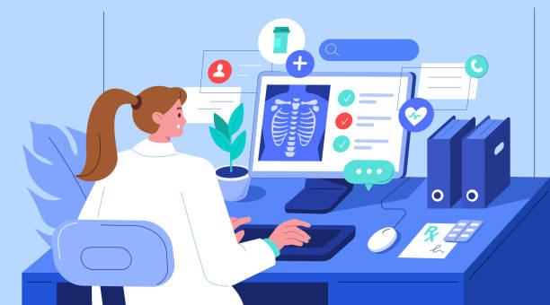 doctor Doctor physician sitting in medical office, typing on laptop and analyzing patients information. Hospital staff at work. Healthcare and medicine concept. Vector illustration. cartoon of medical records stock illustrations