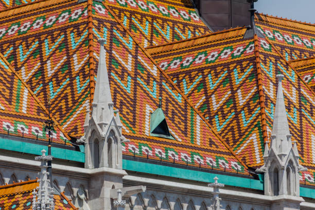 Detail of the colorful tiles of the roof of Matthias church.Budapest, Hungary
