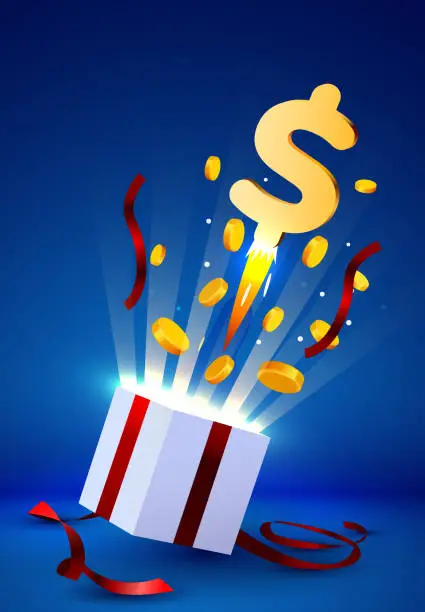 Vector illustration of Open gift box with coin explosion. Big win concept.