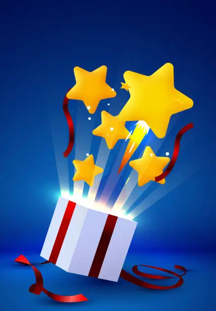 Vector illustration of Open gift box with star explosion. Social media promotion.