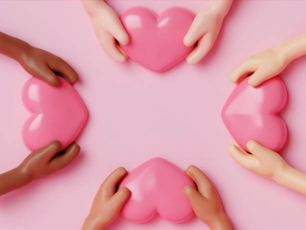 3d icon pink heart in hands. cartoon arm holding gesture hand give pink heart. Realistic illustration of donation love on pink background. valentine love forever theme, 3d rendering illustration. icono 3d corazón rosa en las manos. brazo de dibujos animados que sostiene la mano del gesto dar corazón rosa. ilustración realista del amor de la donación sobre fondo rosa. tema de amor de san valentín para siempre, ilustración de renderizado 3d