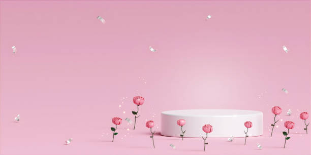 istock Abstract mock up scene. geometry podium shape for display product, pink balloon, pink rose, present and advertising. valentine heart love wedding concept. 3D rendering illustration 1939568268