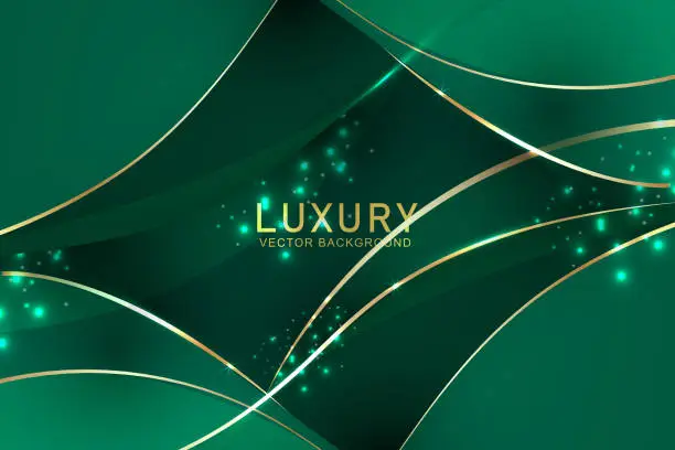 Vector illustration of Luxury green background with curved glowing green and golden line lighting effect sparkle