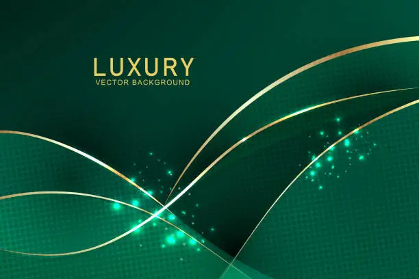 Vector illustration of Luxury green background with curved glowing green and golden line lighting effect sparkle