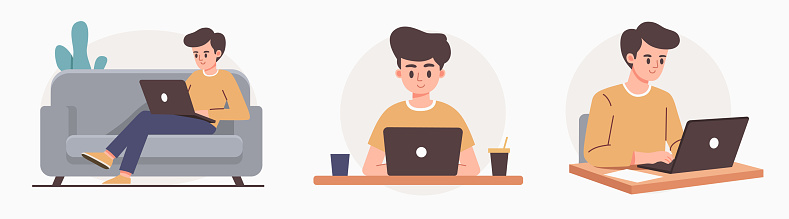 Man works at a laptop. Simple stile. Work at home. Collection of vector illustrations.