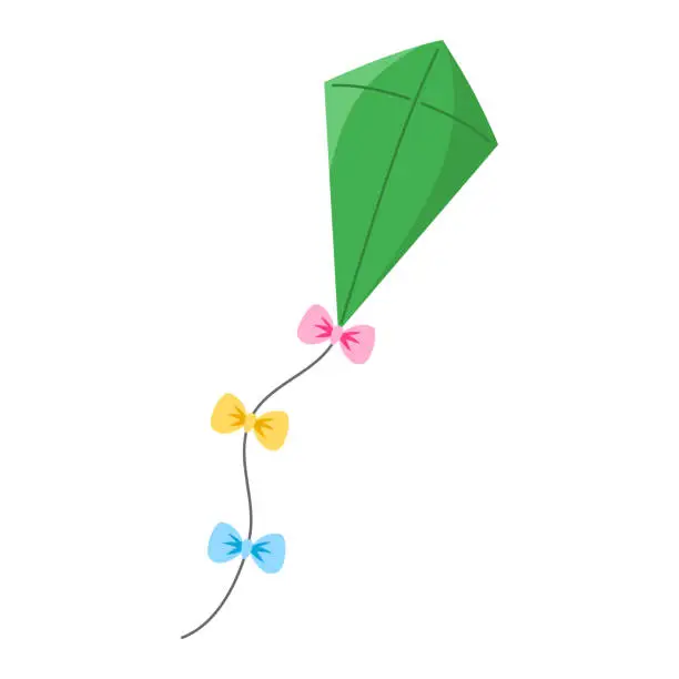Vector illustration of Flying kite in green color with different bows. Outdoor activities, kite festival or Makar Sankranti celebration theme.