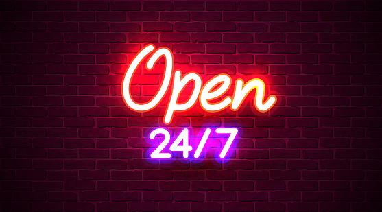 24 7 Neon Sinboard Vector. Open all day neon sign, design template, modern trend design, night signboard, night bright advertising, light banner. Vector illustration