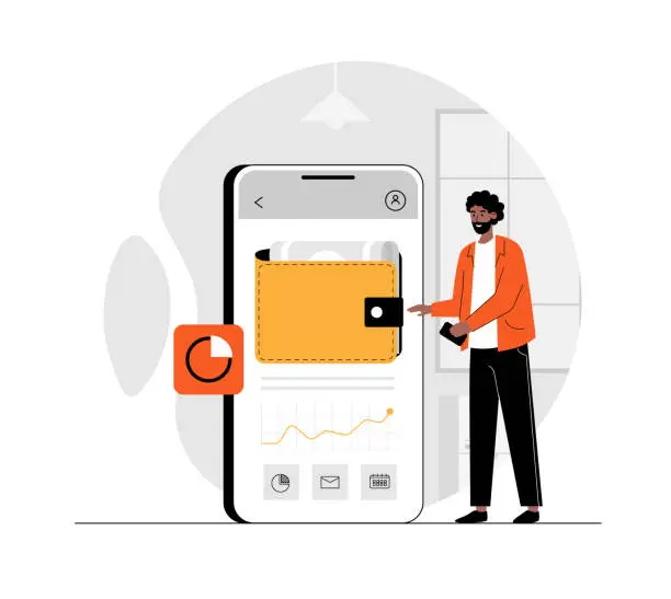 Vector illustration of Digital wallet, paying system, electronic wallet, money transfer application. Mobile banking concept. Illustration with people scene in flat design for website and mobile development.