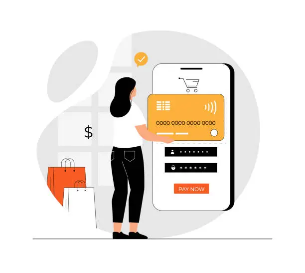 Vector illustration of Wireless transaction concept. Woman makes purchases using NFC phone contactless payment. Internet banking. Illustration with people scene in flat design for website and mobile development