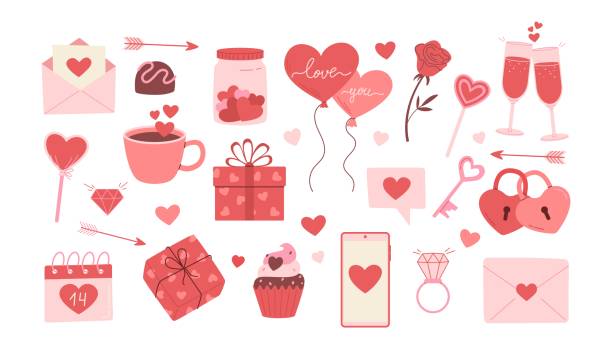 Happy Valentine's Day. Hearts, envelope, balloon, sweets, drink, gift box, message, padlock and key icons Happy Valentine's Day vector illustration set. Decorative elements for invitation, greeting card, postcard. Hearts, envelope, balloon, sweets, drink, gift box, message, padlock and key icons happy valentine day clip art stock illustrations