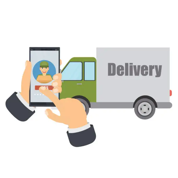 Vector illustration of Calling a courier in a delivery car on a mobile phone. Delivery service on a smartphone