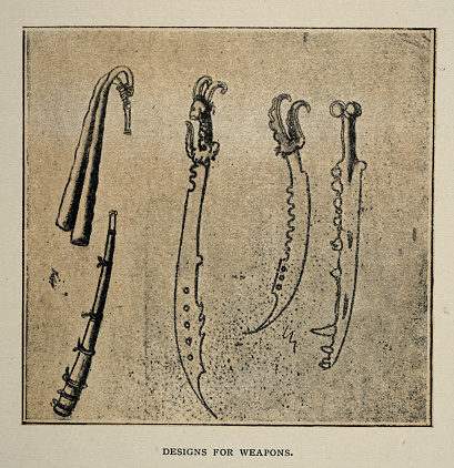 Vintage illustration Designs for weapons, Swords, Scimitars, Clubs, after a drawing by Leonardo da Vinci, renaissance art