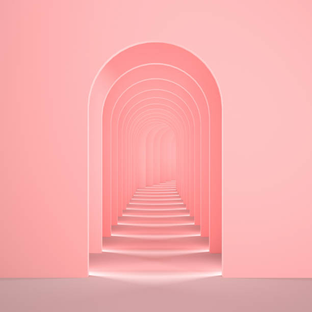 istock Pink surreal 3d interior render. Abstract arch corridor pastel pink background concept. 1939592887