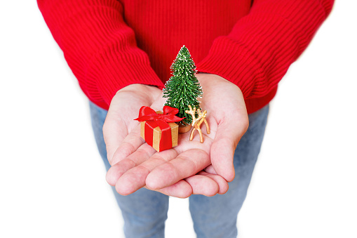 Man delicately holds a miniature Christmas scene in his folded hands, complete with a tiny New Year tree, reindeer, and a gift box. Holiday spirit related concept.