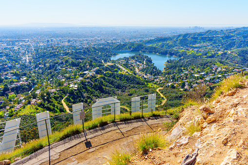 Los Angeles, California - February 1, 2023: View of the Cityscape from the Elevated Vantage Point above the Iconic Hollywood Sign