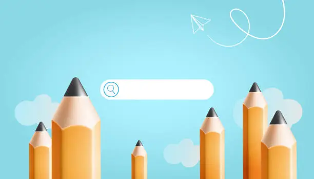 Vector illustration of Minimal background for online education concept. Search bar with pencils, paper airplane and white cloud on blue background. Vector illustration
