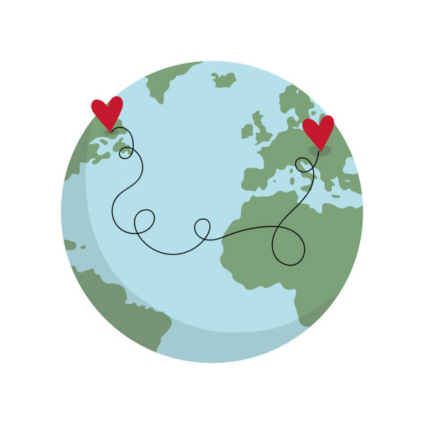 Conceptual illustration of love from a distance. Planet Earth and feelings of love. Conceptual illustration of love from a distance. Planet Earth and feelings of love. Flat vector illustration in cartoon style. global girlfriend stock illustrations