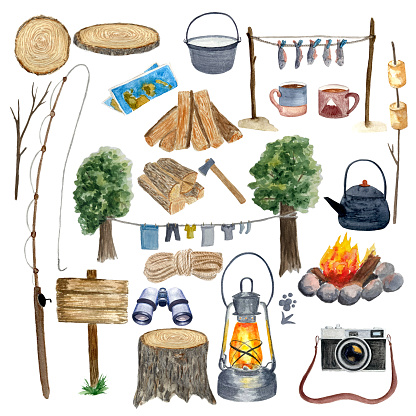 Watercolor hand painted travel campsite set isolated on white. Boat tent compass map backpack journal boots. Tourism, hiking design. Clipart. High quality illustration for cards, stickers, tape.
