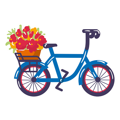 Concept european bicycle icon with basket flower trunk, city bike bouquet floret cartoon vector illustration, isolated on white. Urbanistic transport vehicle, healthy sport activity.